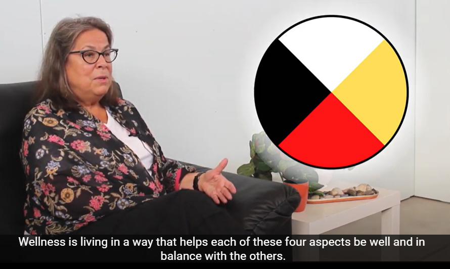 Elizabeth grey sits in an office with a medicine wheel image in the background. the text reads 